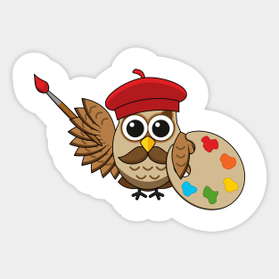 Cute Painter Owl Cartoon Sticker